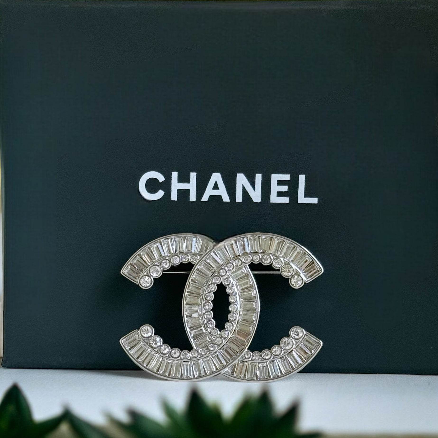 Authentic Chanel Silver Clear Crystals Double C Brooch Pin Pre-Owned - My Mama Found What 