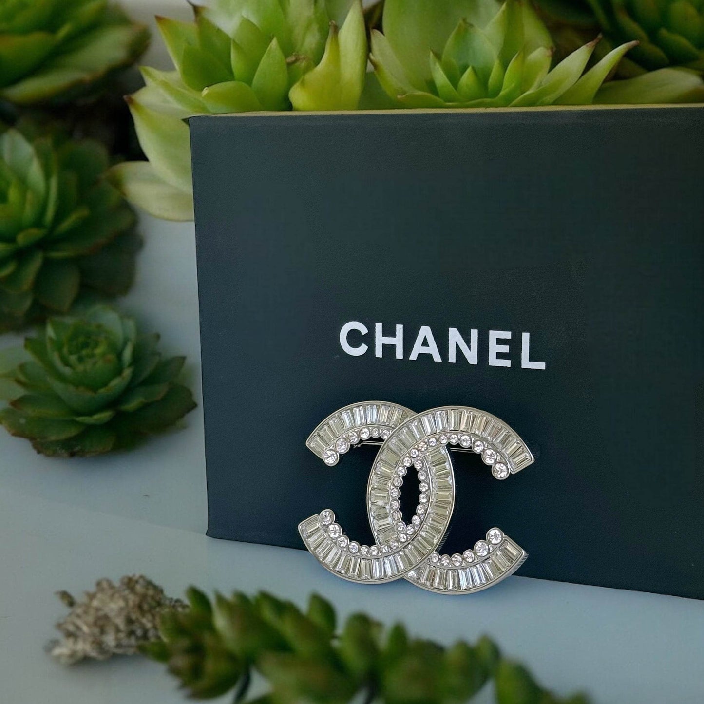 Authentic Chanel Silver Clear Crystals Double C Brooch Pin Pre-Owned - My Mama Found What  My Mama Found What 