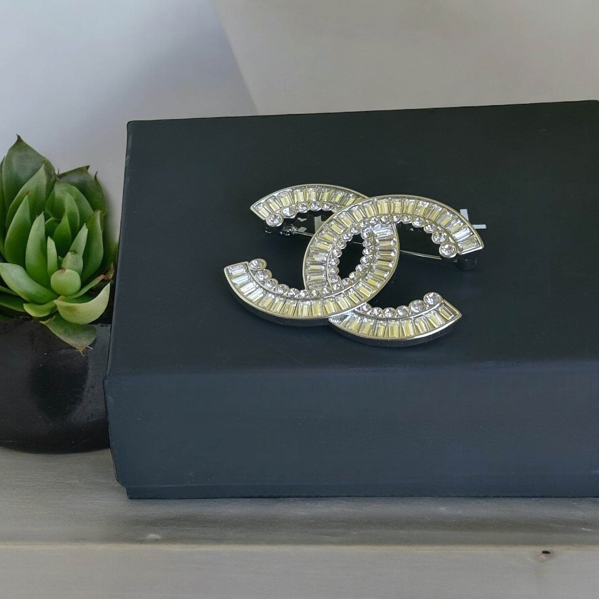Authentic Chanel Silver Clear Crystals Double C Brooch Pin Pre-Owned - My Mama Found What 