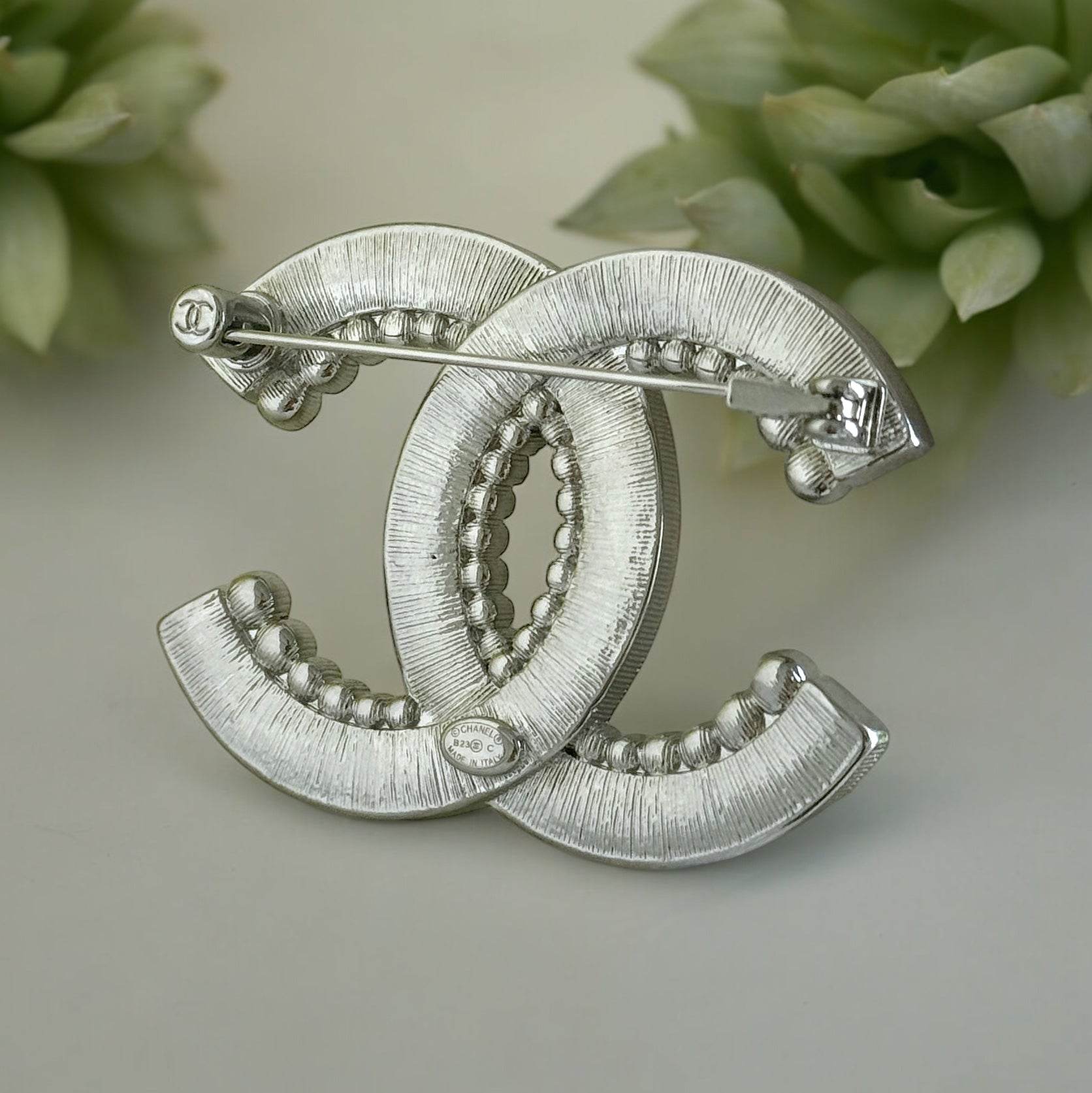Authentic Chanel Silver Clear Crystals Double C Brooch Pin Pre-Owned - My Mama Found What 