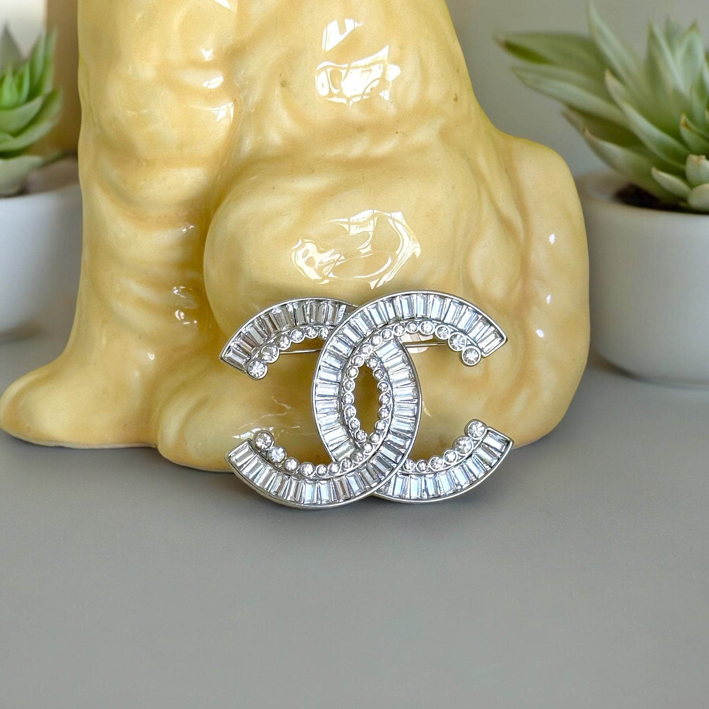 Authentic Chanel Silver Clear Crystals Double C Brooch Pin Pre-Owned - My Mama Found What  My Mama Found What 