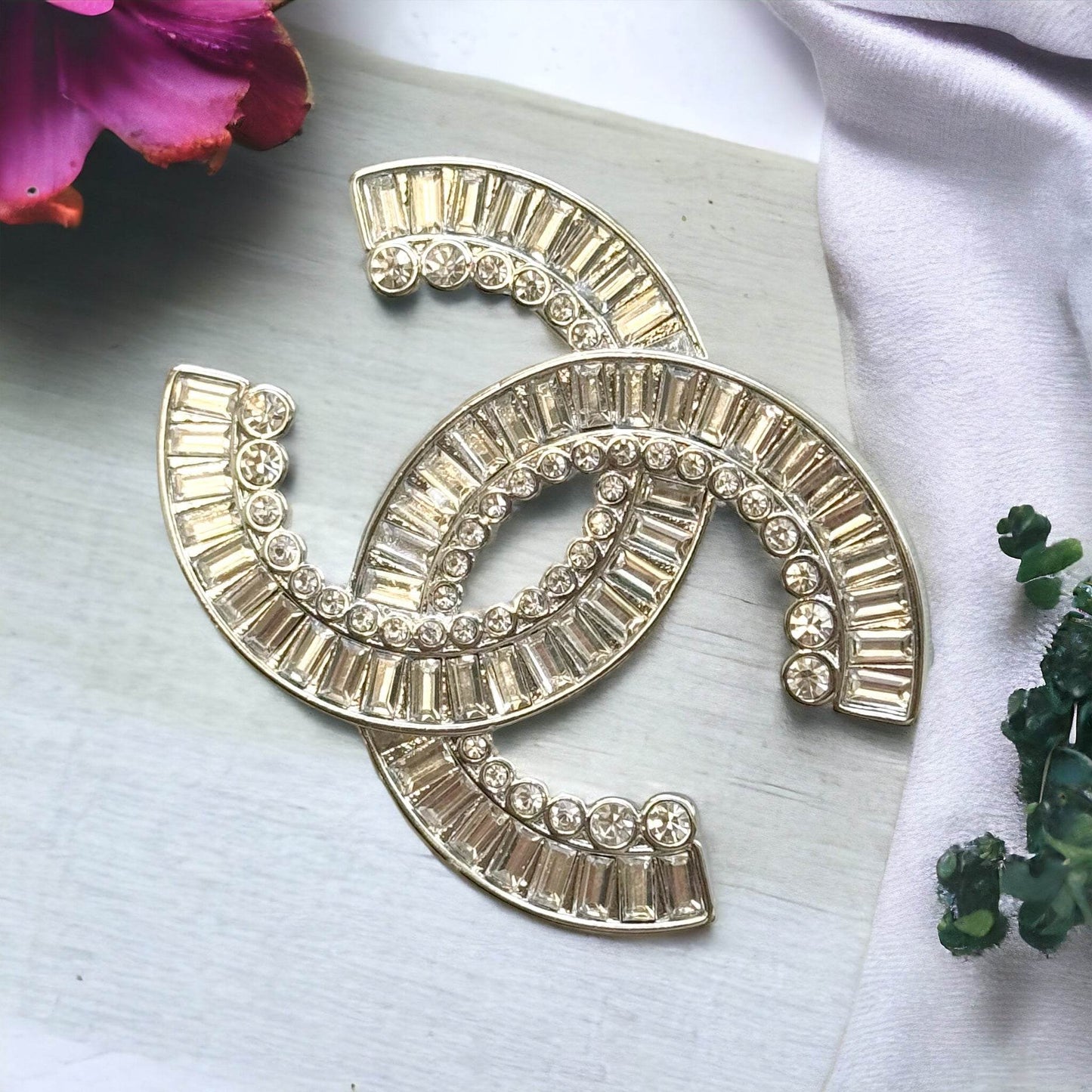 Authentic Chanel Silver Clear Crystals Double C Brooch Pin Pre-Owned - My Mama Found What  My Mama Found What 