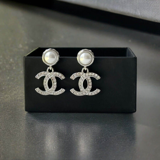 Authentic Chanel Silver Pearl Crystal CC Dangle Pre-Owned - My Mama Found What  My Mama Found What 