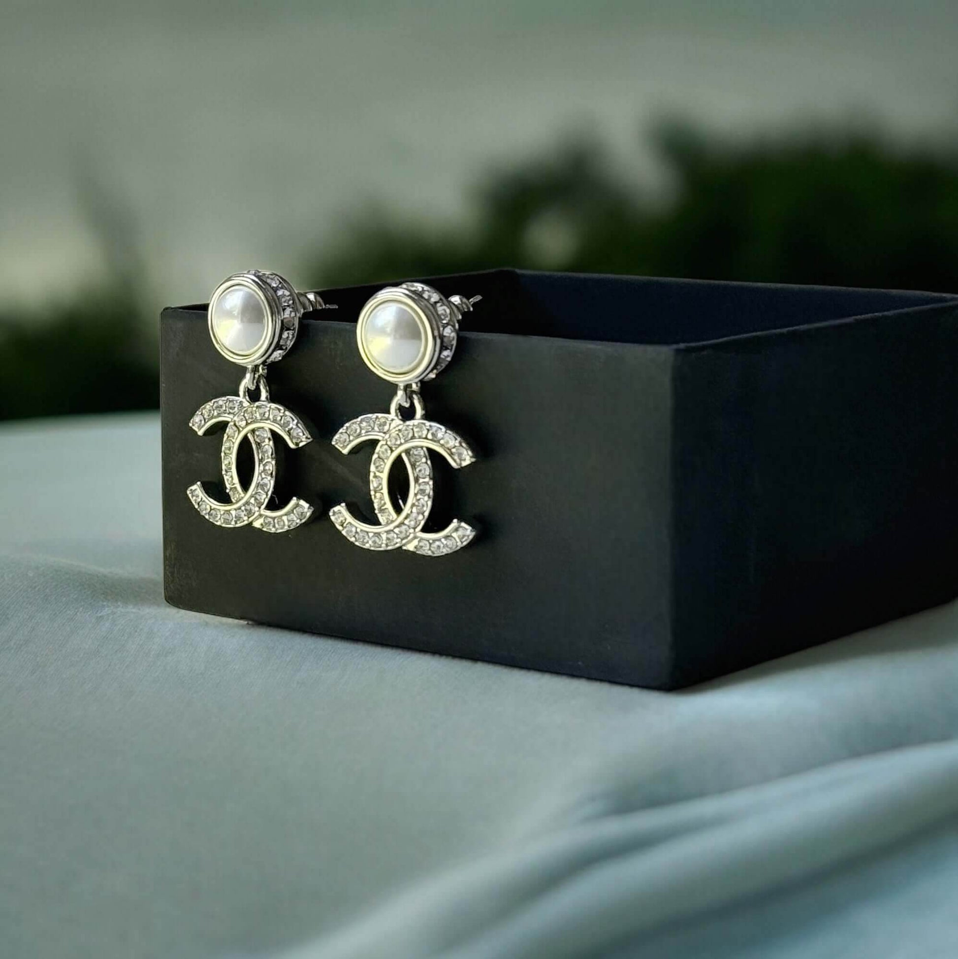 Authentic Chanel Silver Pearl Crystal CC Dangle Pre-Owned - My Mama Found What 