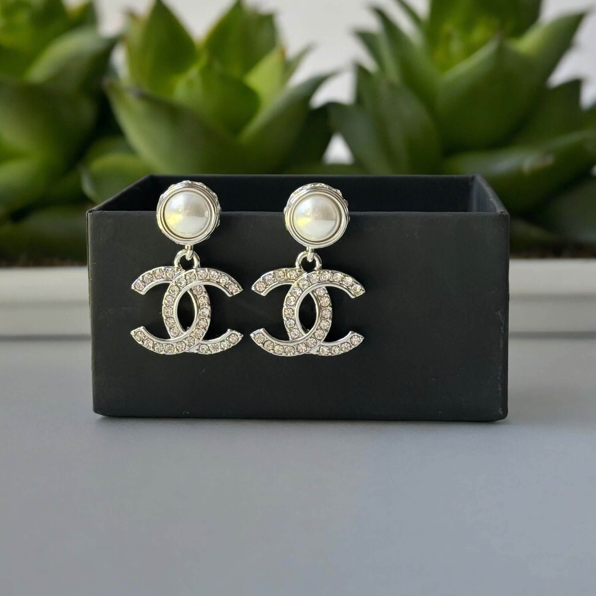 Authentic Chanel Silver Pearl Crystal CC Dangle Pre-Owned - My Mama Found What 