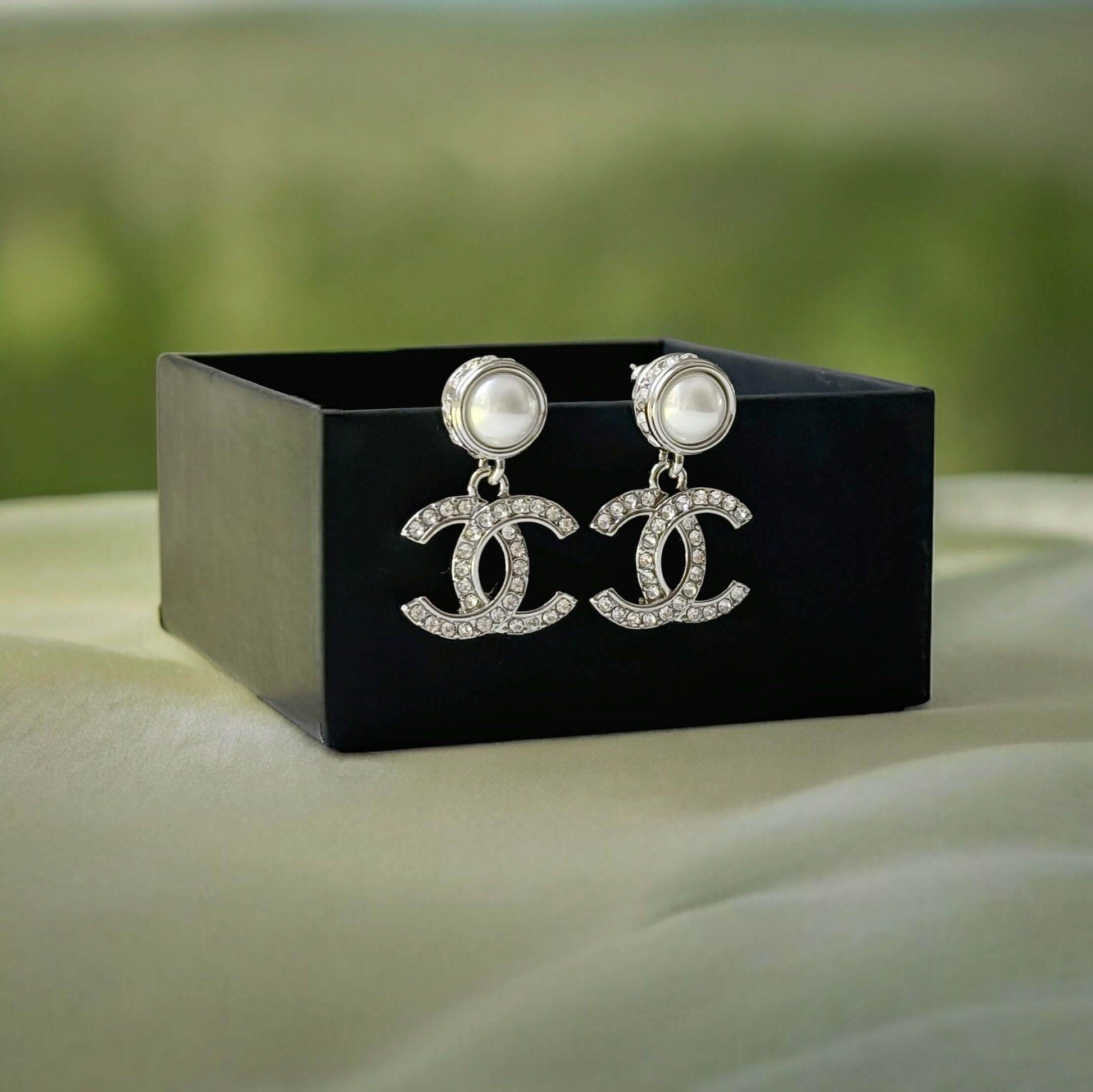 Authentic Chanel Silver Pearl Crystal CC Dangle Pre-Owned - My Mama Found What 