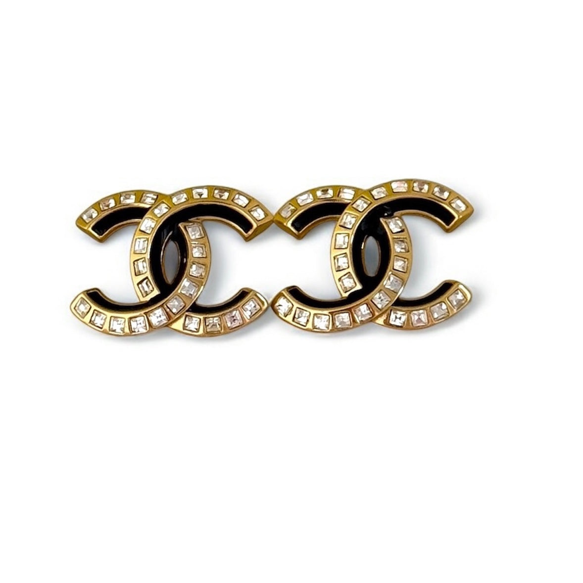 Chanel Strass CC Emerald Cut Crystals Blk Enamel Pre-Owned Earrings - My Mama Found What  
