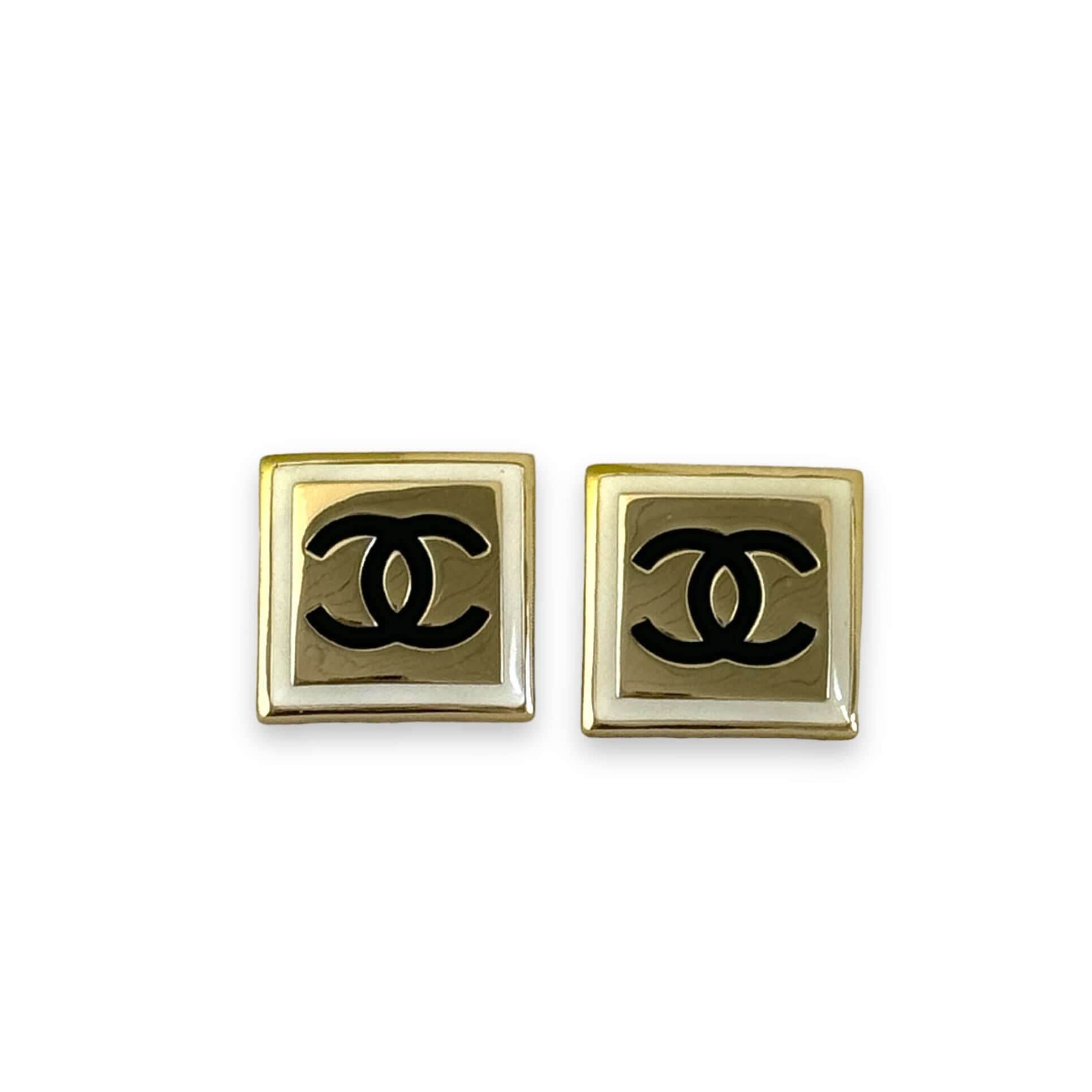 Authentic Chanel Strass Square CC B/W Accents Post Earrings Pre-Owned - My Mama Found What 