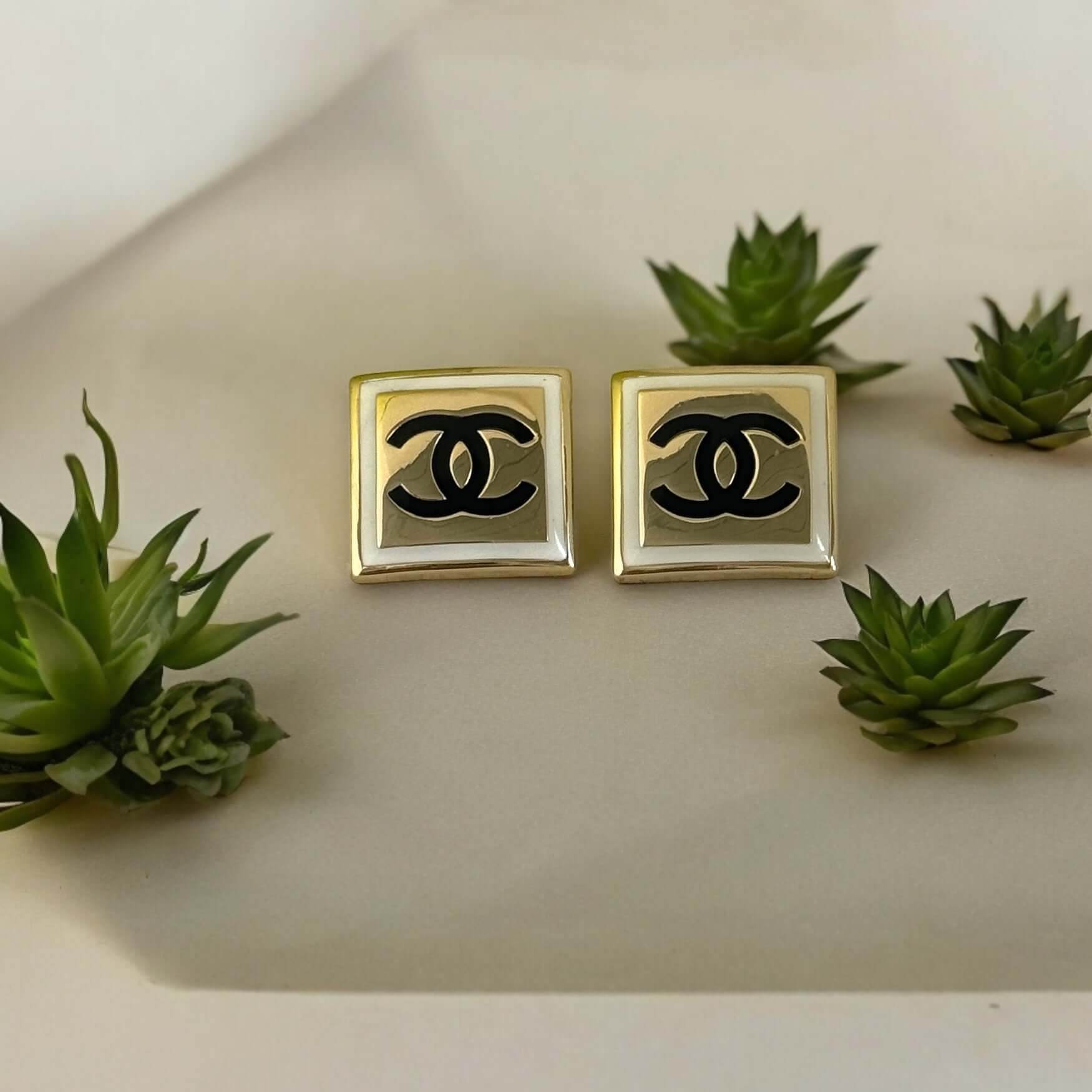 Authentic Chanel Strass Square CC B/W Accents Post Earrings Pre-Owned - My Mama Found What 