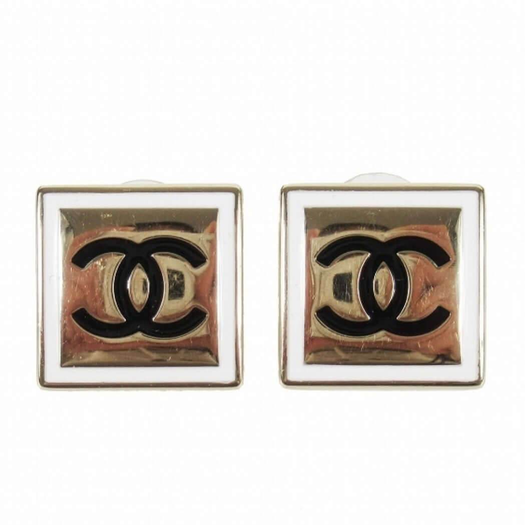 Authentic Chanel Strass Square CC B/W Accents Post Earrings Pre-Owned - My Mama Found What 