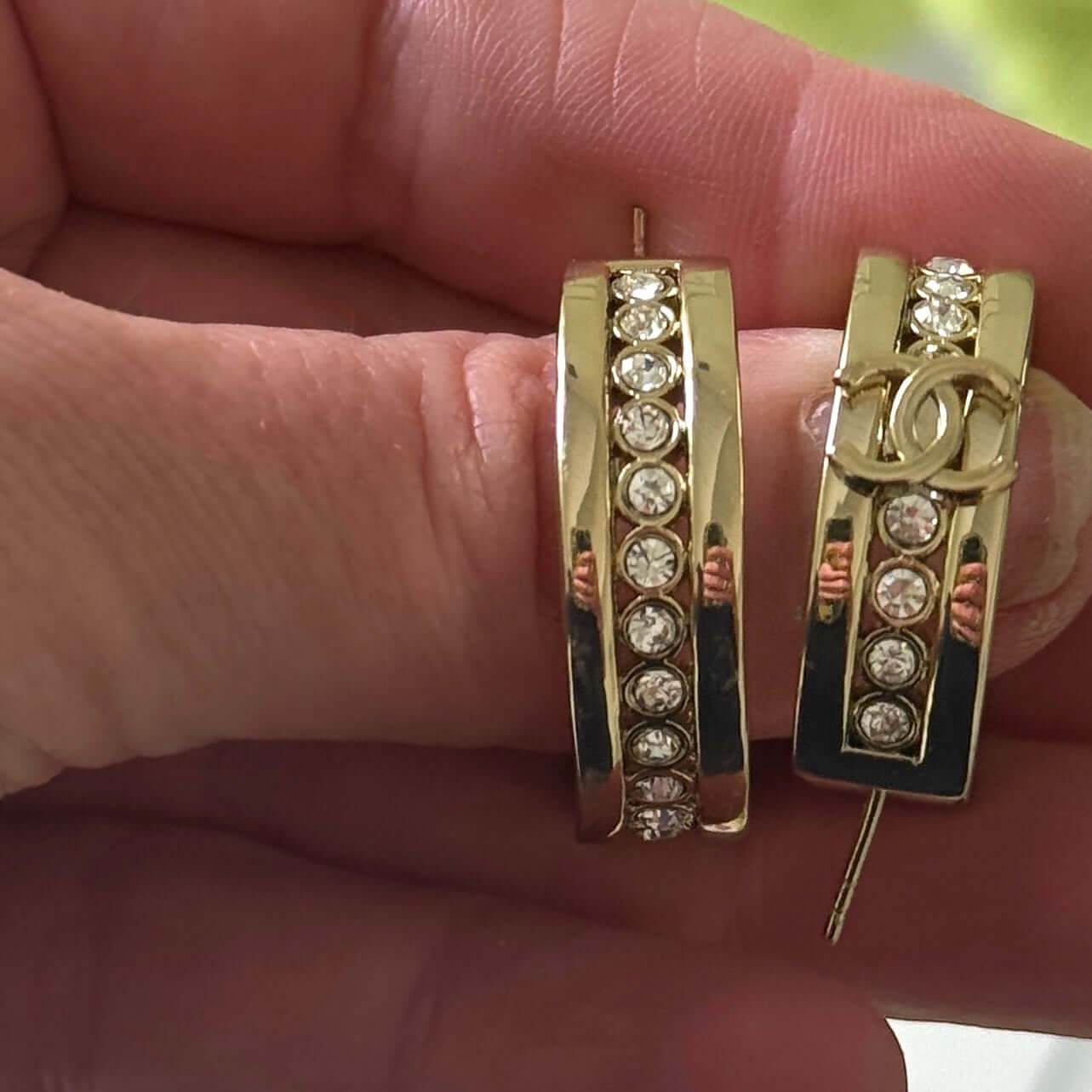 Authentic Pre-Owned Chanel CC Lighter Gold Hoops with Crystal accents - My Mama Found What  My Mama Found What 