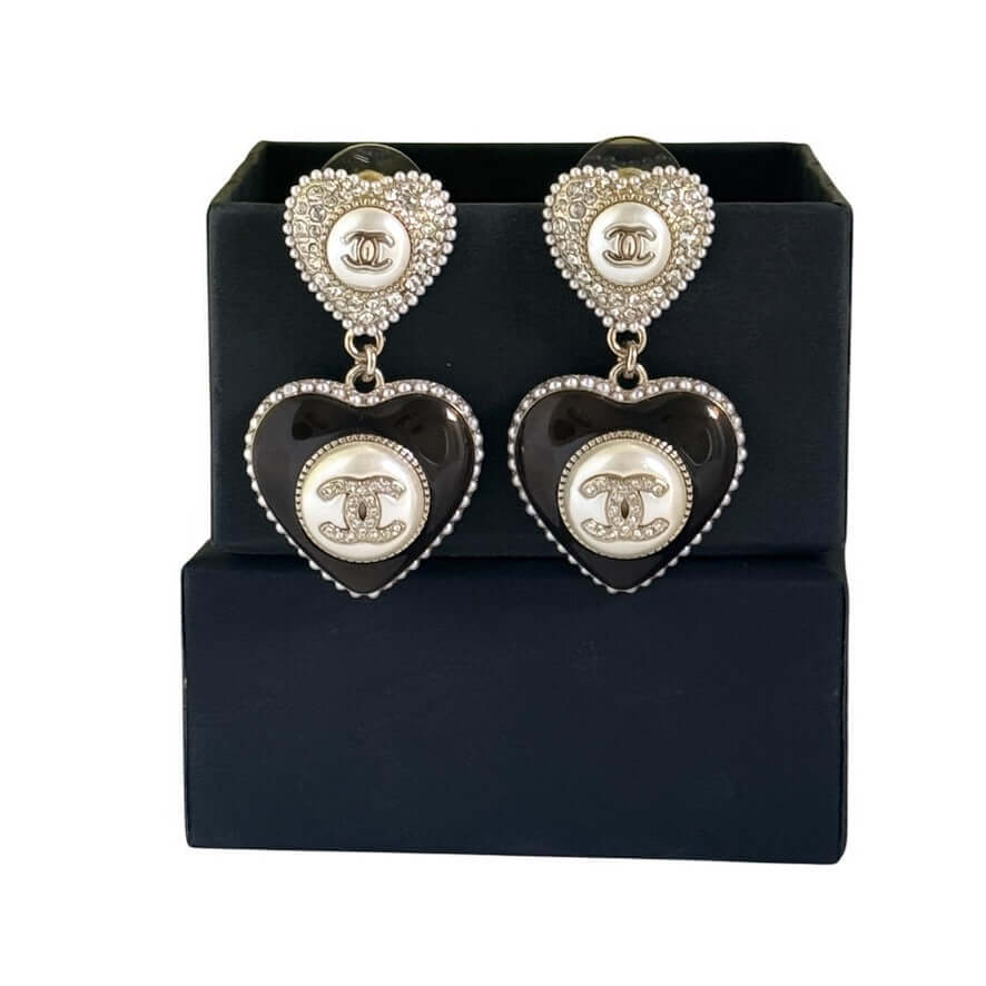 Stunning Authentic Chanel Gold Heart CC Dangle Earrings with crystals in elegant gift box, Pre-Owned luxury jewelry.