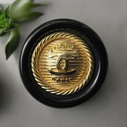 Chanel Gold & Black Round CC Brooch Pin Pre-Owned