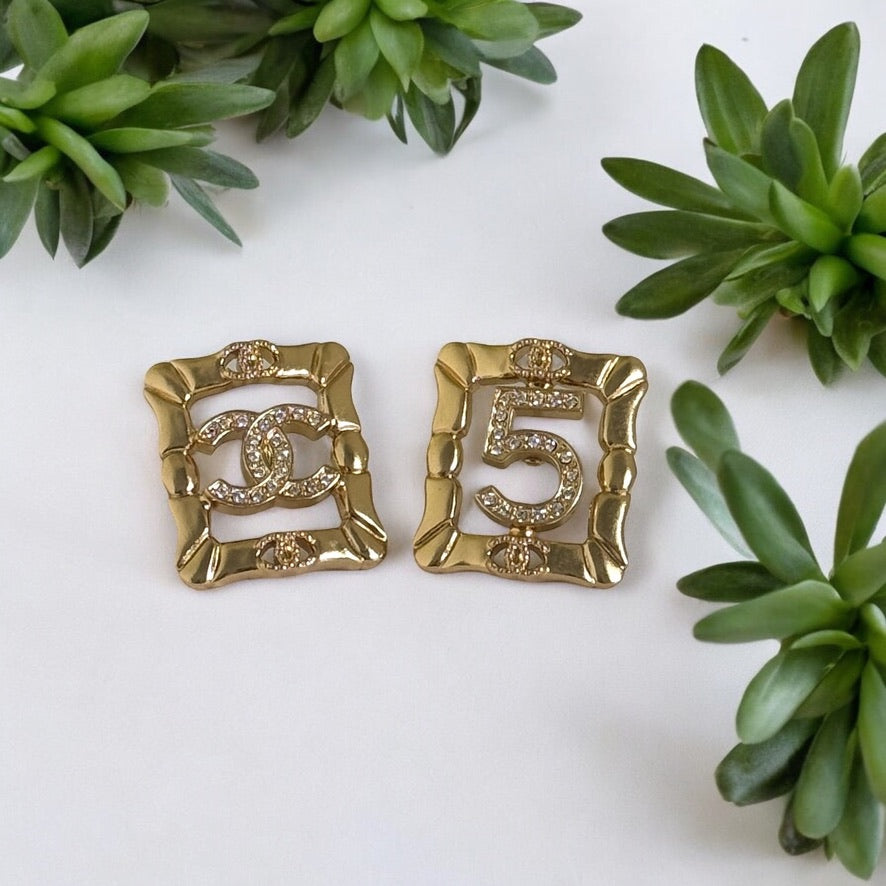 Authentic Chanel Gold CC & 5 Cut Crystals Pre-Owned Earrings