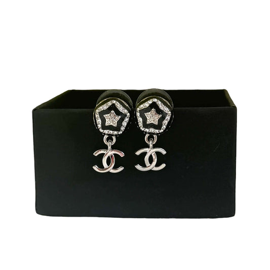 Chanel CC Dangle Earrings with Black Enamel Star Pattern and Silver CC Logo on Black Display Box