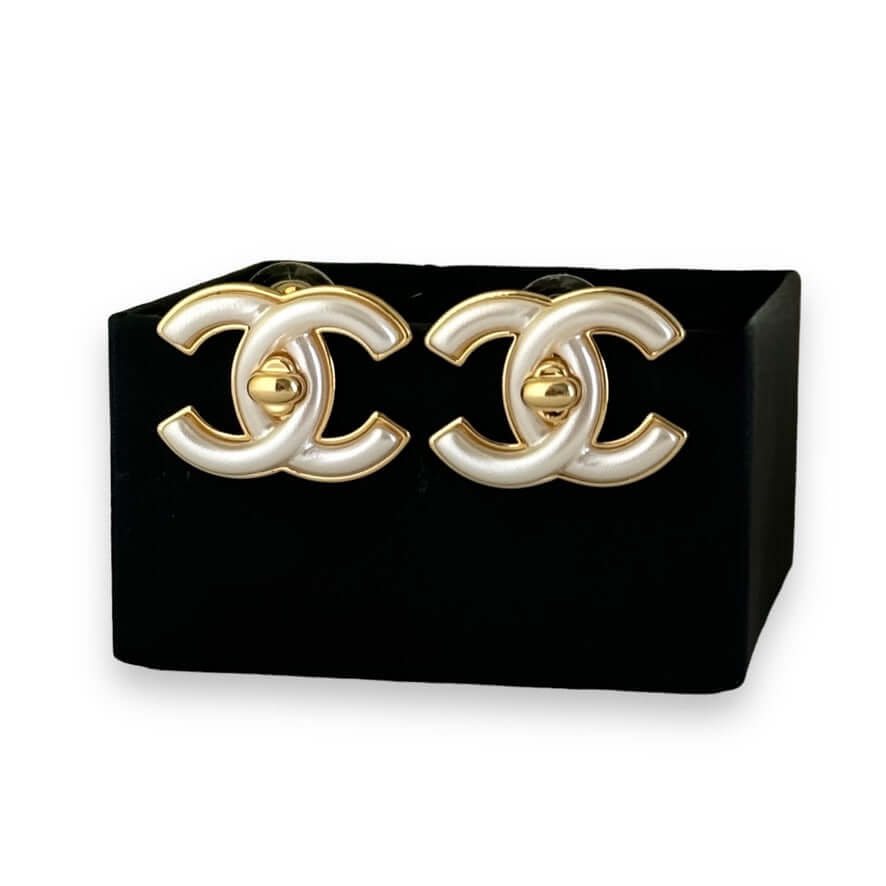 Authentic Chanel Gold CC with White Enamel Lock Earrings Pre-Owned