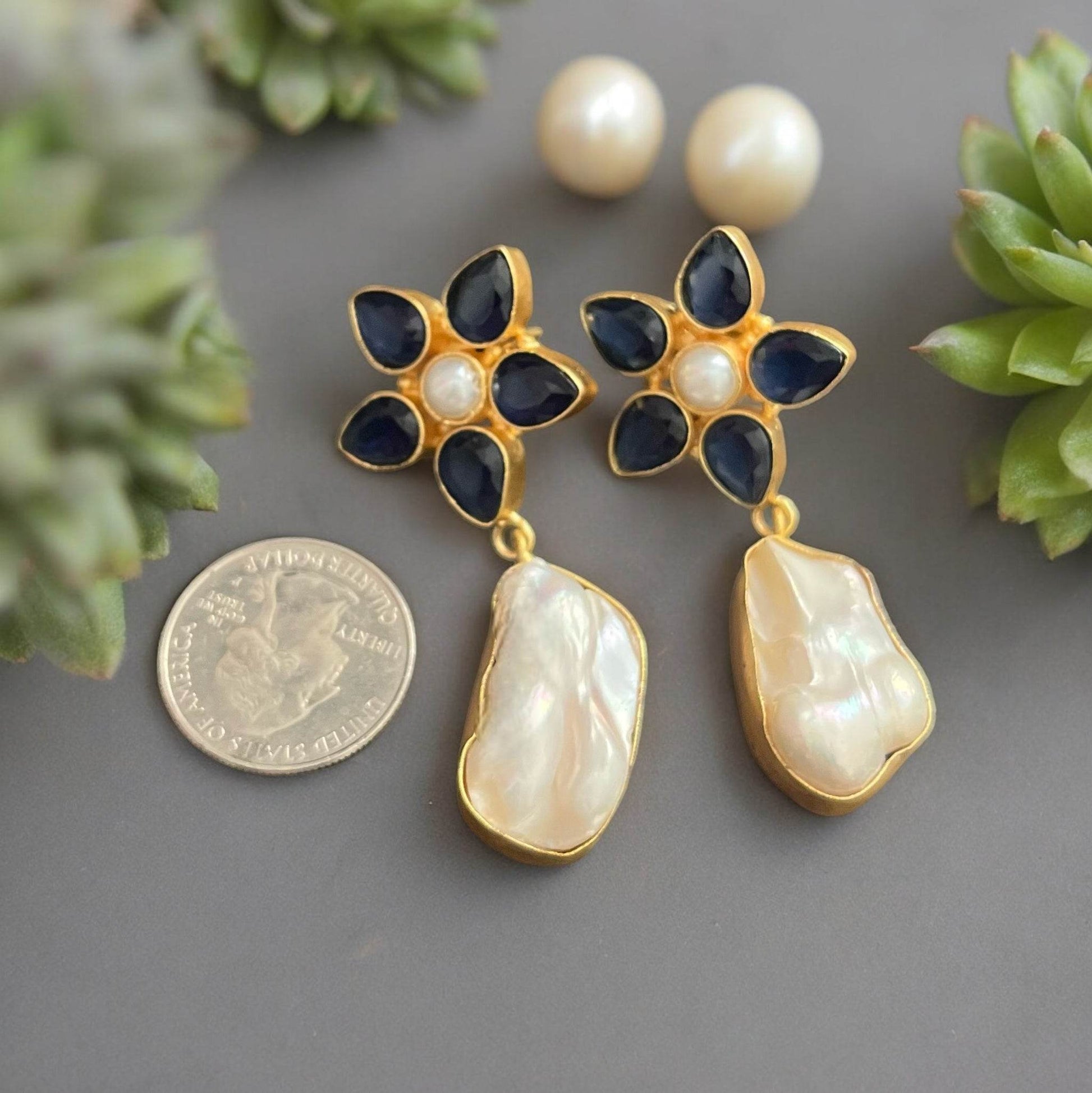 Baroque Pearls & Blue Crystals Artisan Made Drop Post Earrings - My Mama Found What 