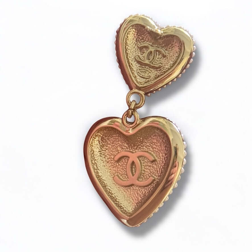 Stunning Authentic Chanel Gold Heart CC Dangle Earrings with mini pearls and sparkling crystals, Pre-Owned elegance.