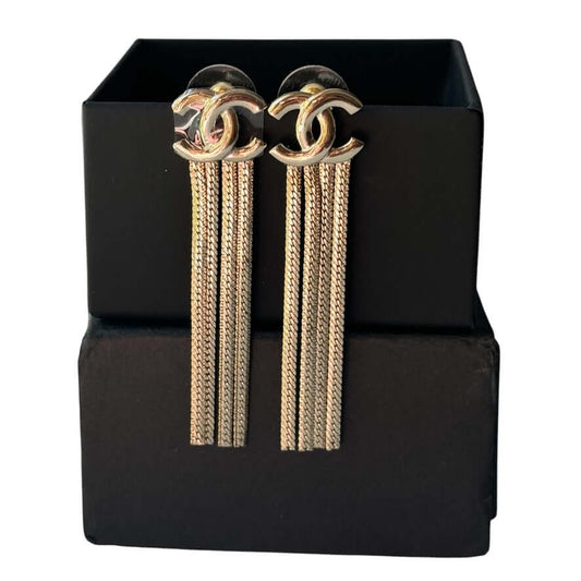 Authentic Chanel Gold CC dangle earrings with multi gold chains in pristine condition, complete with gift box.