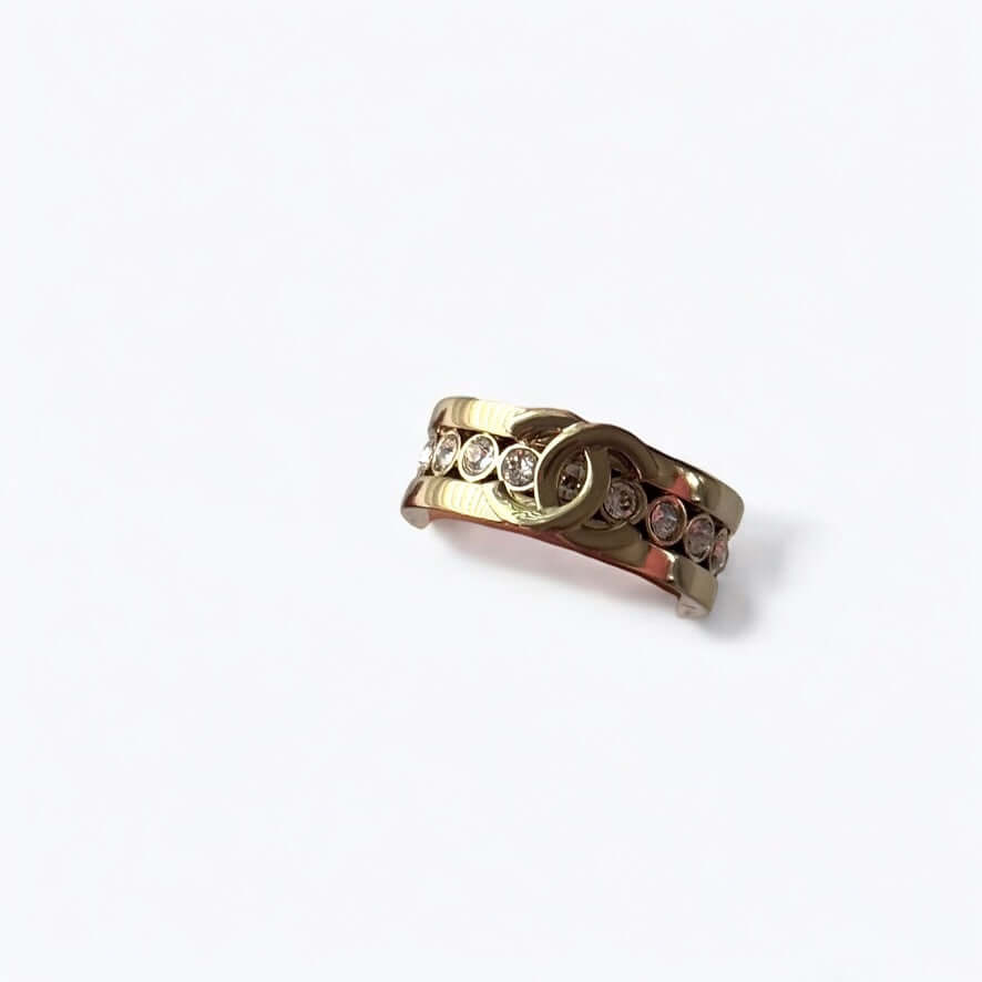 Rare and stunning CHANEL CC Gold ring with crystals, pre-owned, size 6, in excellent condition, perfect for gifting.