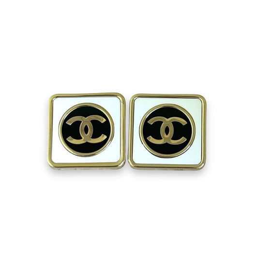 Chanel Gold CC Square White & Black Authentic Pre-Owned Like New 24 Earrings