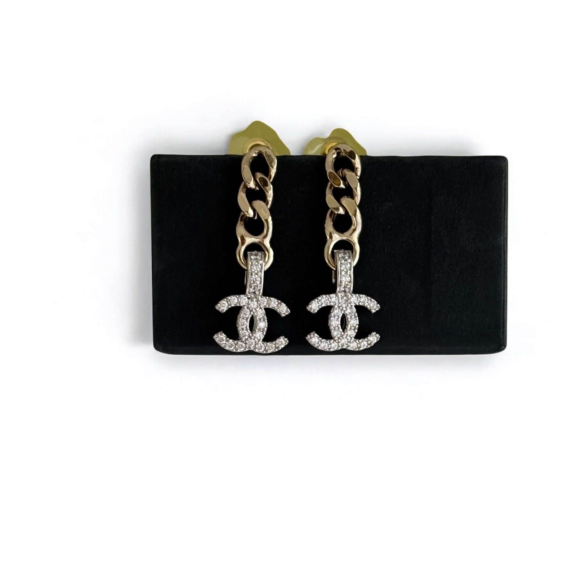 CHANEL CC Gold Chain & Silver with Crystals accents Dangle Pre-Owned Earrings - My Mama Found What 