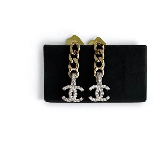CHANEL CC Gold Chain & Silver with Crystals accents Dangle Pre-Owned Earrings - My Mama Found What 