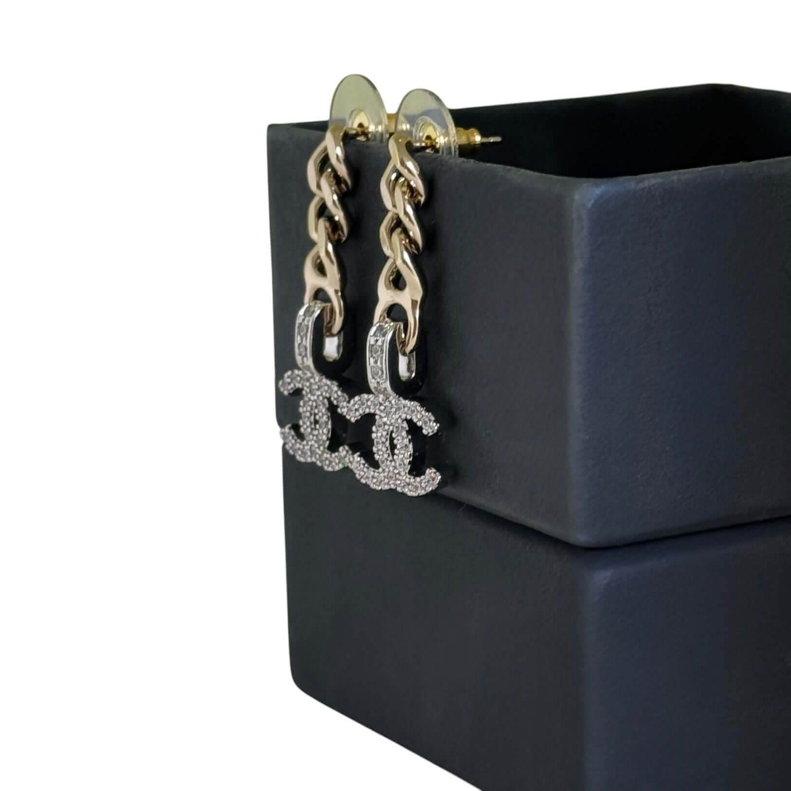 CHANEL CC Gold Chain & Silver with Crystals accents Dangle Pre-Owned Earrings - My Mama Found What 
