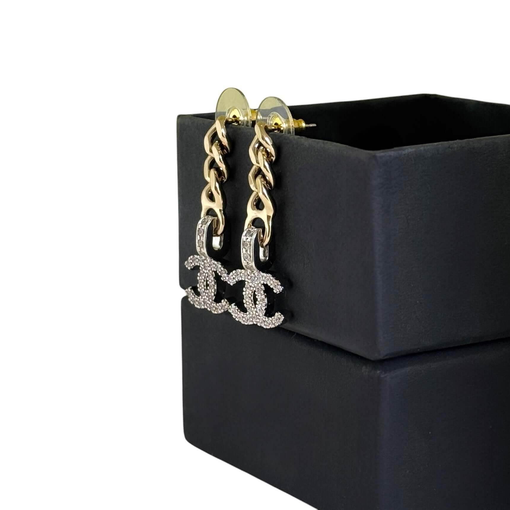 CHANEL CC Gold Chain & Silver with Crystals accents Dangle Pre-Owned Earrings - My Mama Found What 