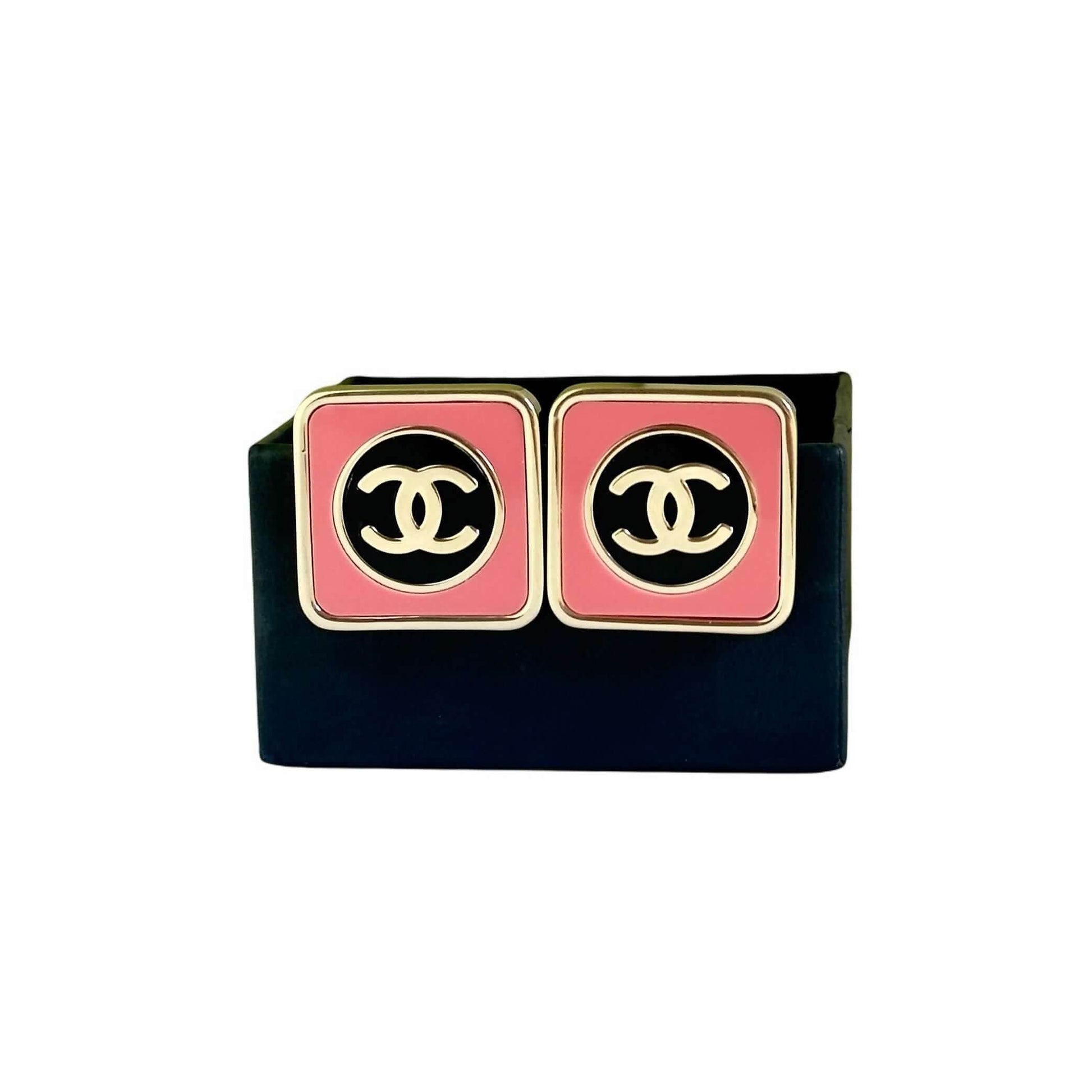CHANEL CC Gold Coral Pink & Blk Square Pre-Owned Earrings - My Mama Found What 