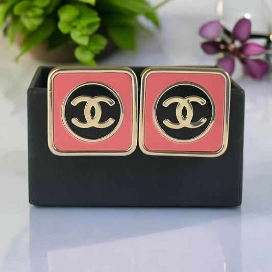 CHANEL CC Gold Coral Pink & Blk Square Pre-Owned Earrings - My Mama Found What 