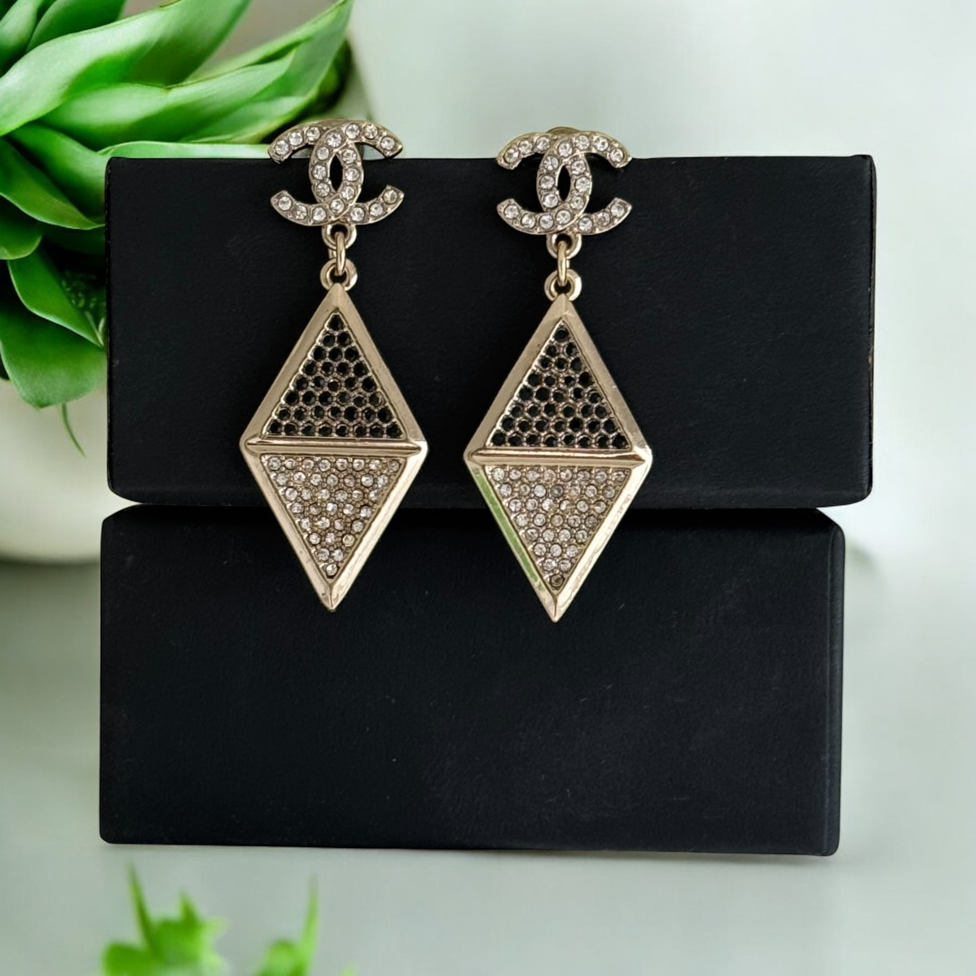 CHANEL CC Gold W/Crystals Triangle Drop Pre-Owned Earrings - My Mama Found What  