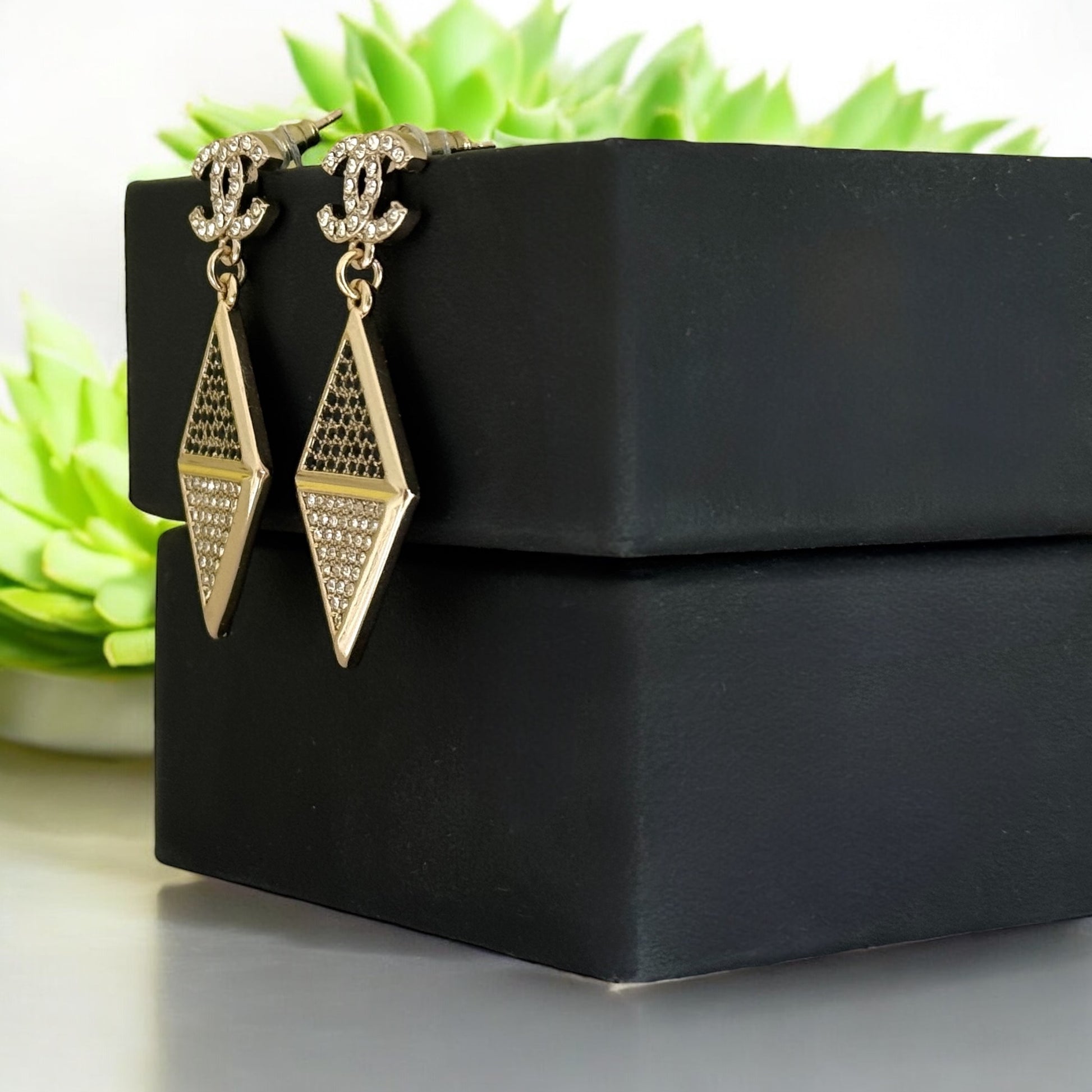 CHANEL CC Gold W/Crystals Triangle Drop Pre-Owned Earrings - My Mama Found What  