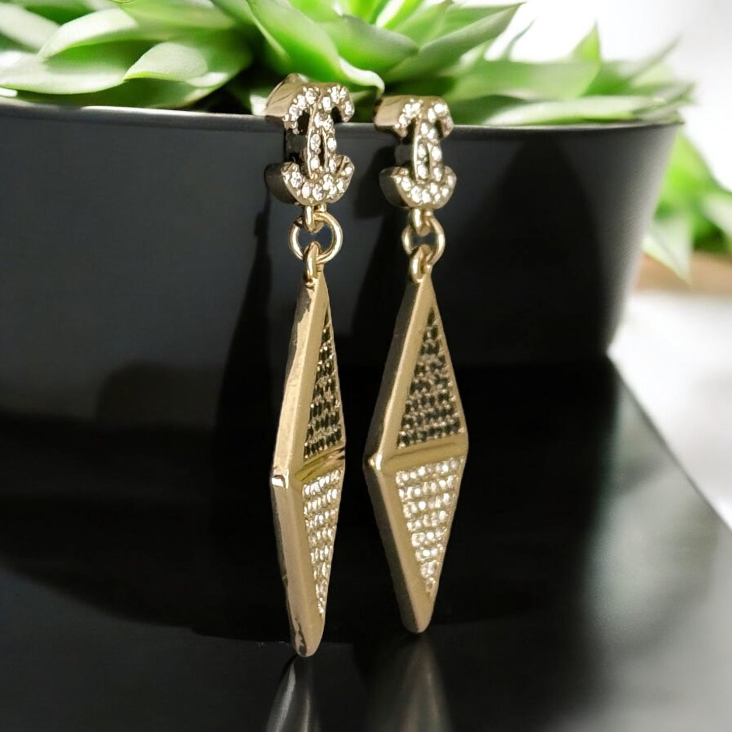 CHANEL CC Gold W/Crystals Triangle Drop Pre-Owned Earrings - My Mama Found What   My Mama Found What 