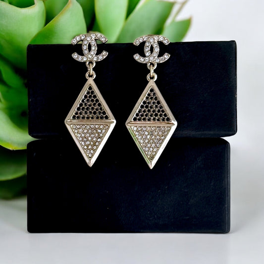 CHANEL CC Gold W/Crystals Triangle Drop Pre-Owned Earrings - My Mama Found What   My Mama Found What 