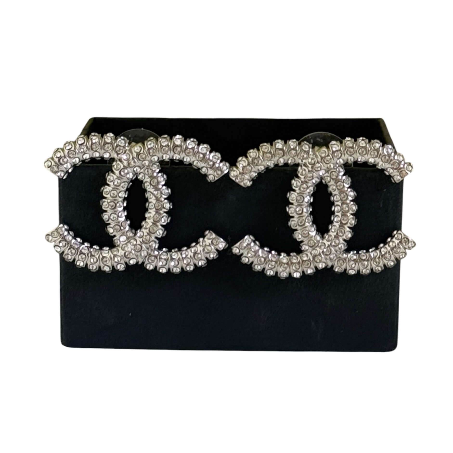 CHANEL CC Silver w/ Crystals Bigger Pre-Owned Earrings - My Mama Found What 
