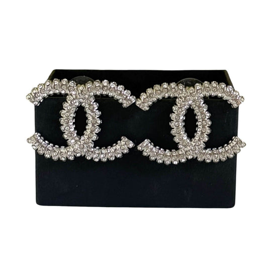CHANEL CC Silver w/ Crystals Bigger Pre-Owned Earrings - My Mama Found What 