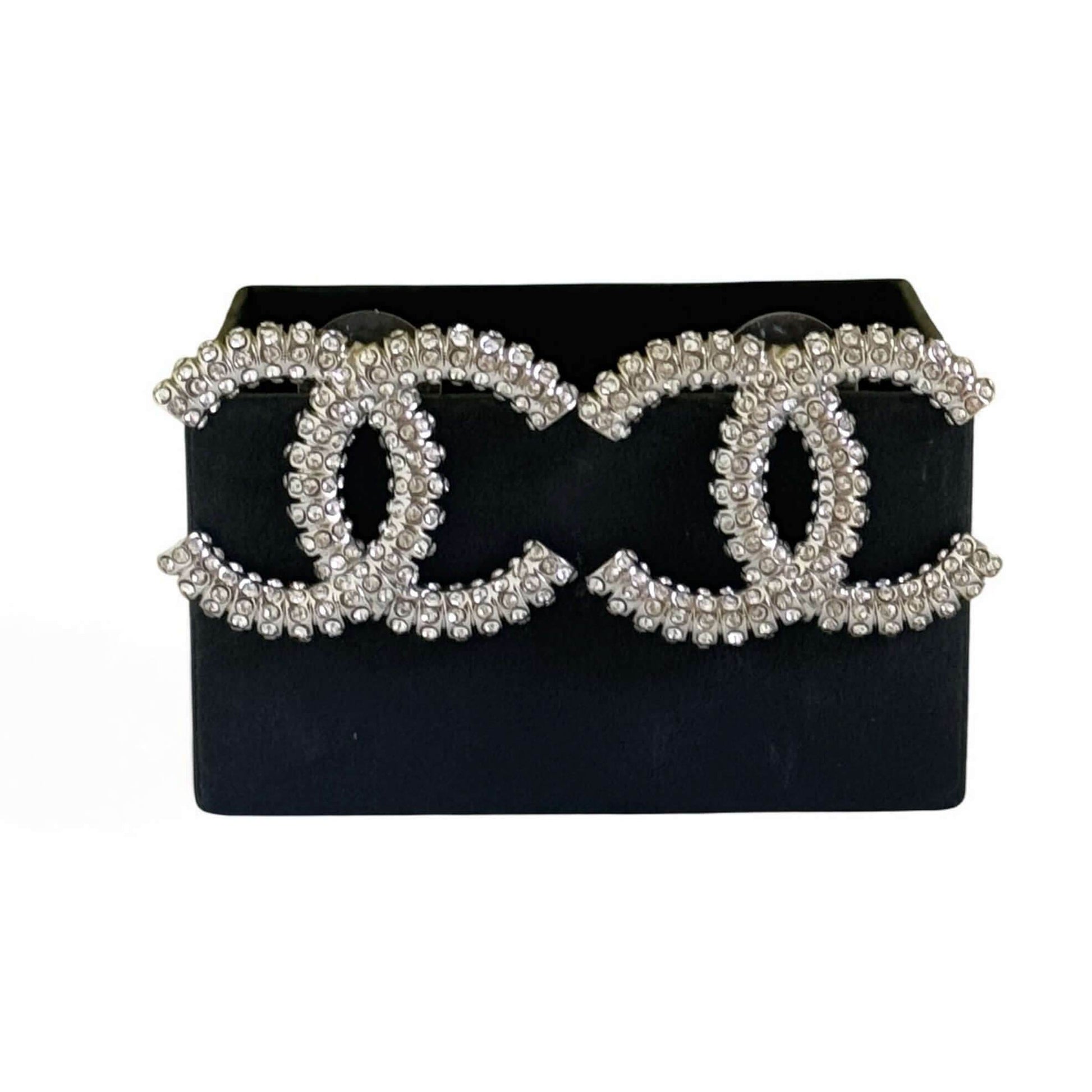 CHANEL CC Silver w/ Crystals Bigger Pre-Owned Earrings - My Mama Found What 
