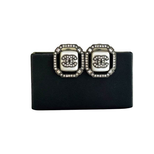 CHANEL CC w/ crystals enamel gun metal Pre-Owned Earrings - My Mama Found What 