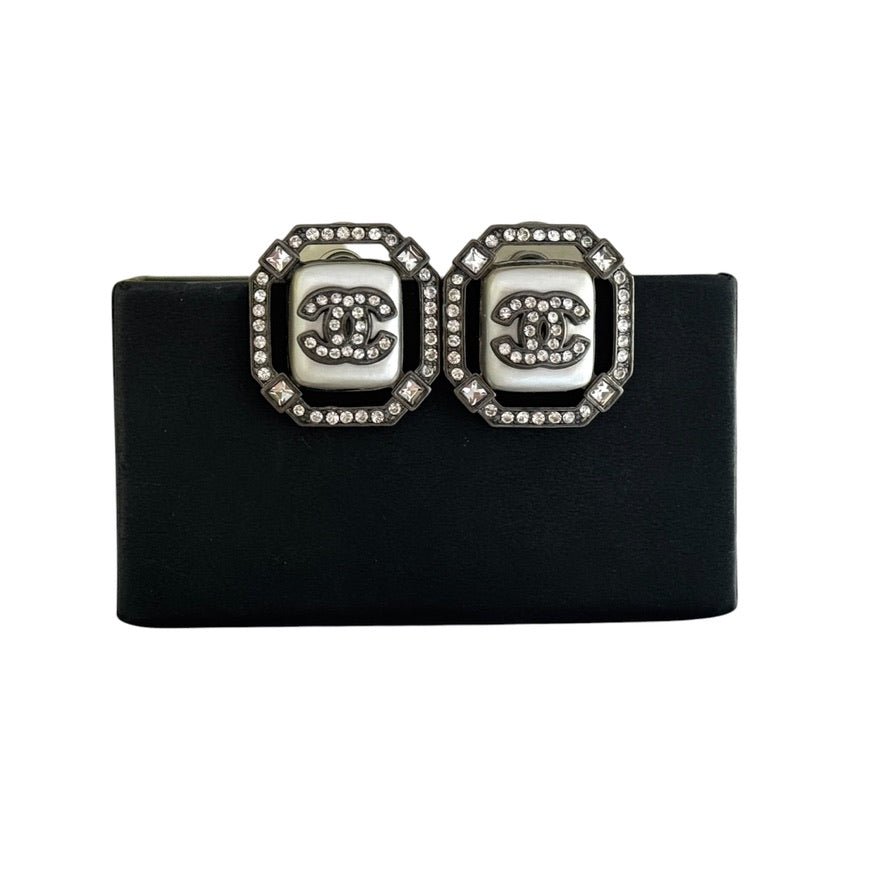 CHANEL CC w/ crystals enamel gun metal Pre-Owned Earrings - My Mama Found What  