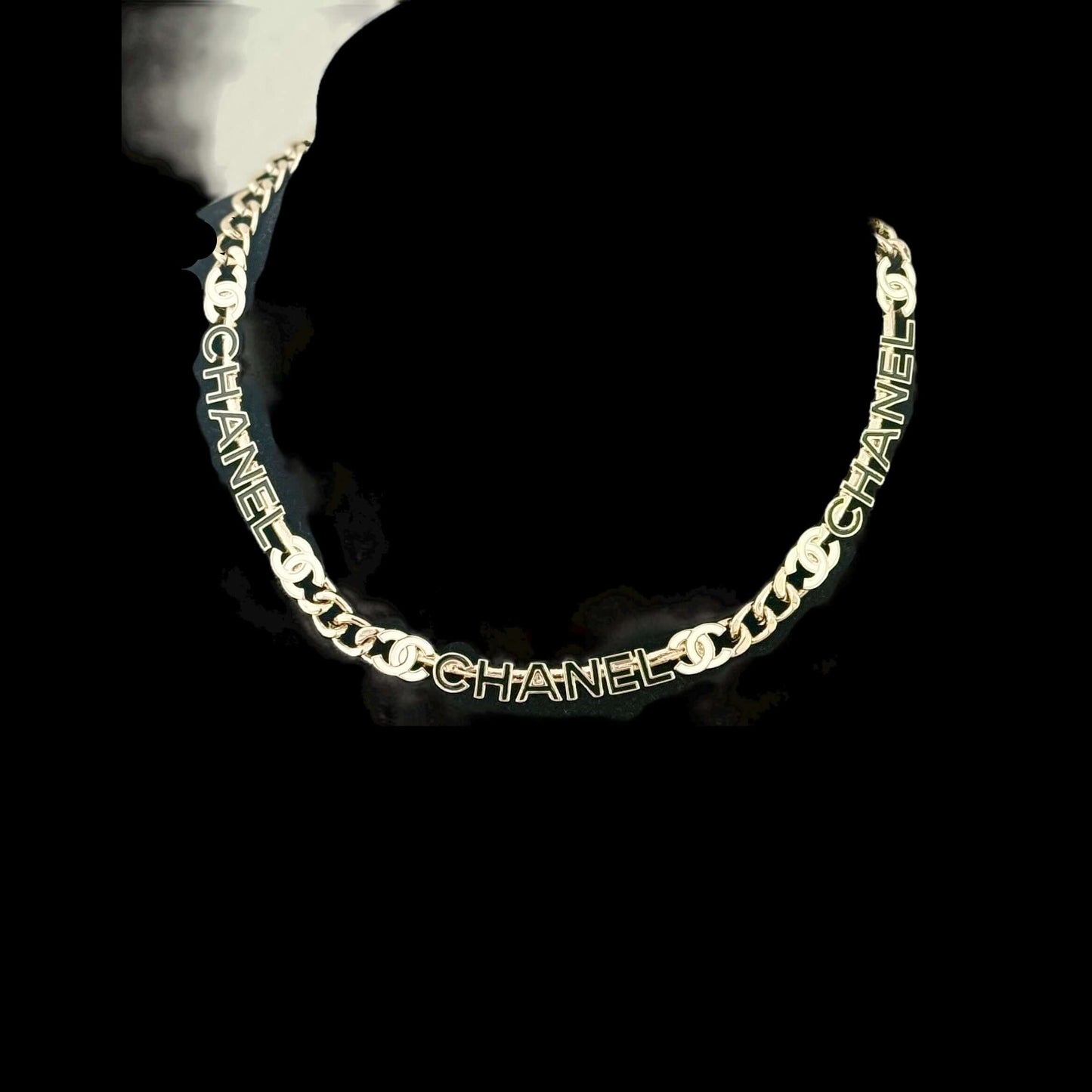 Chanel Strass Chain Adjustable Choker with black and white name pendants, gold chain, perfect fit, adding luxury to any outfit. My Mama Found What 