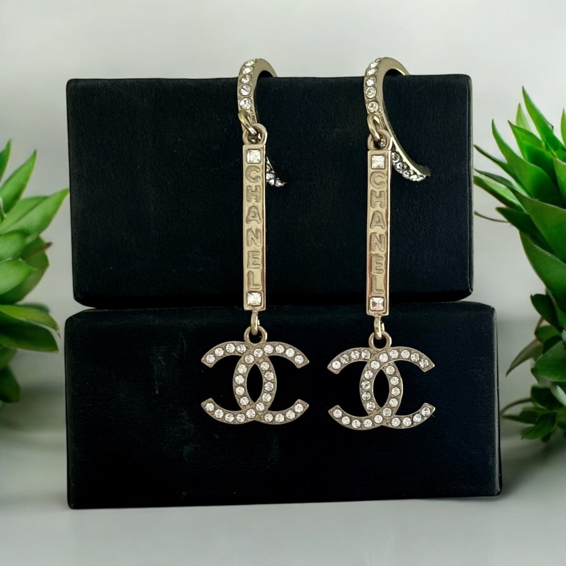 CHANEL Gold CC CHANEL Mark w/ Crystals Dangle Pre-Owned Earrings - My Mama Found What  