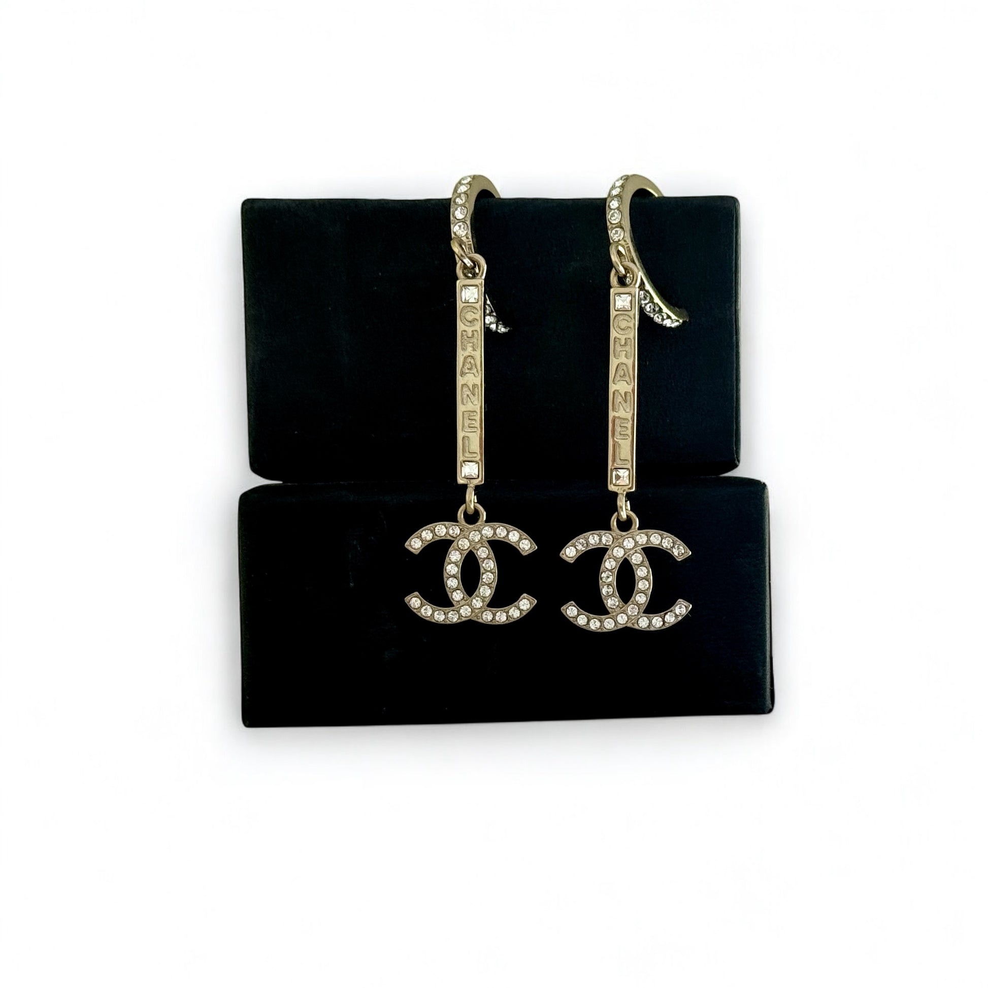 CHANEL Gold CC CHANEL Mark w/ Crystals Dangle Pre-Owned Earrings - My Mama Found What  