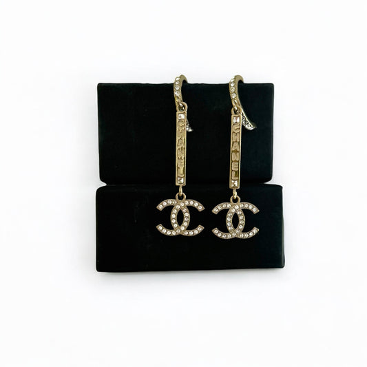 CHANEL Gold CC CHANEL Mark w/ Crystals Dangle Pre-Owned Earrings - My Mama Found What  