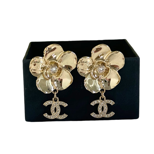 CHANEL Gold CC Camellia Flower Dangle Pre-Owned Earrings w/ crystals - My Mama Found What  
