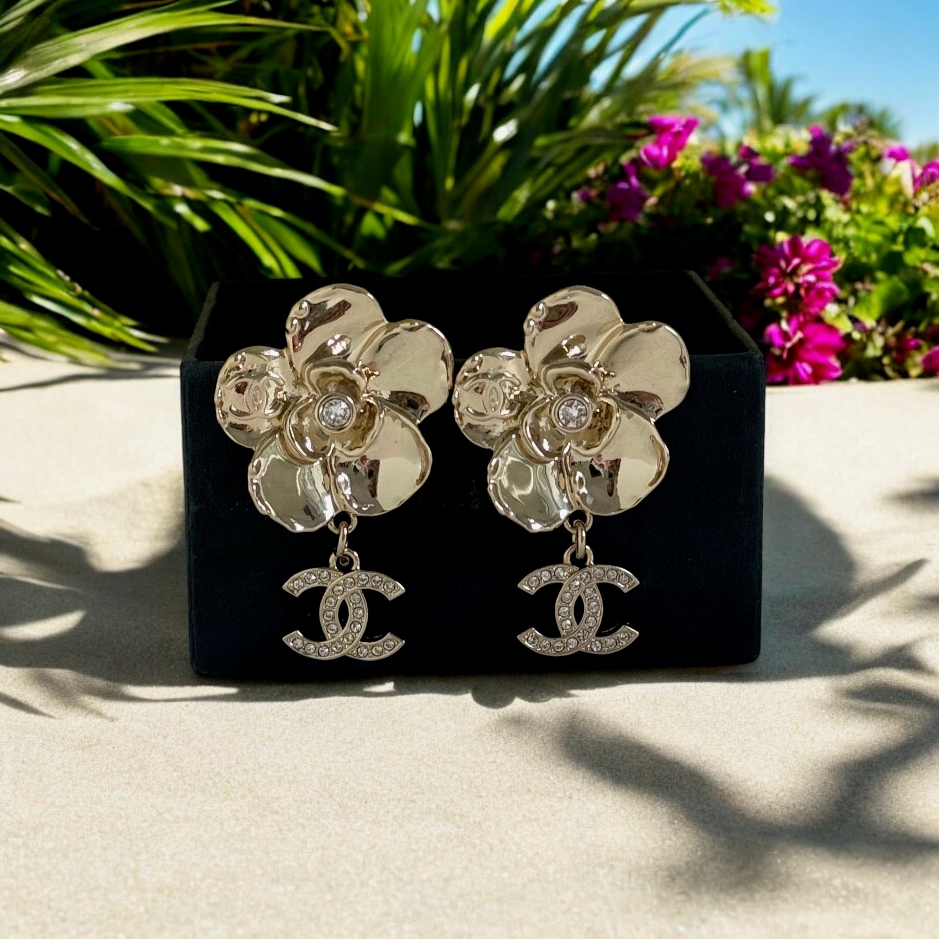 CHANEL Gold CC Camellia Flower Dangle Pre-Owned Earrings w/ crystals - My Mama Found What  