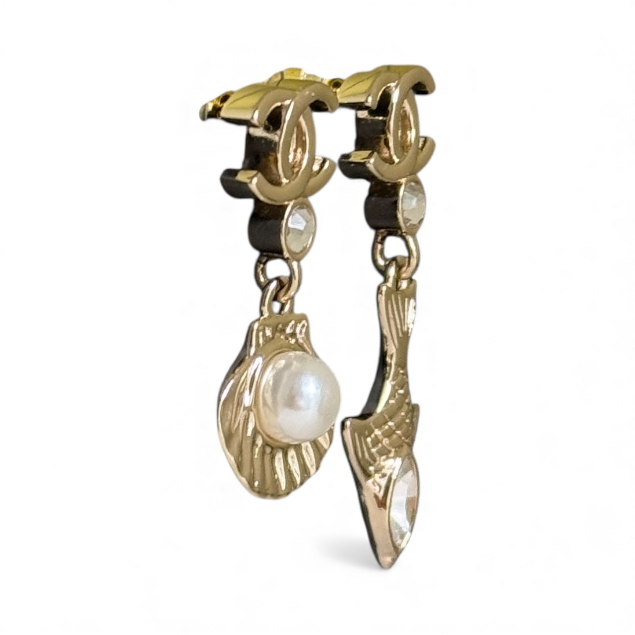 CHANEL Gold CC Seashell/Fish Drop Pre-Owned Earrings Authentic - My Mama Found What  