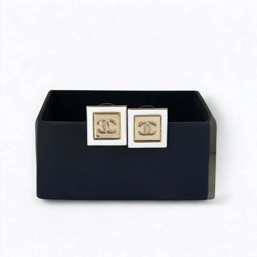 CHANEL Gold CC w/ White Enamel Square Pre-Owned Earrings 24 - My Mama Found What  My Mama Found What 