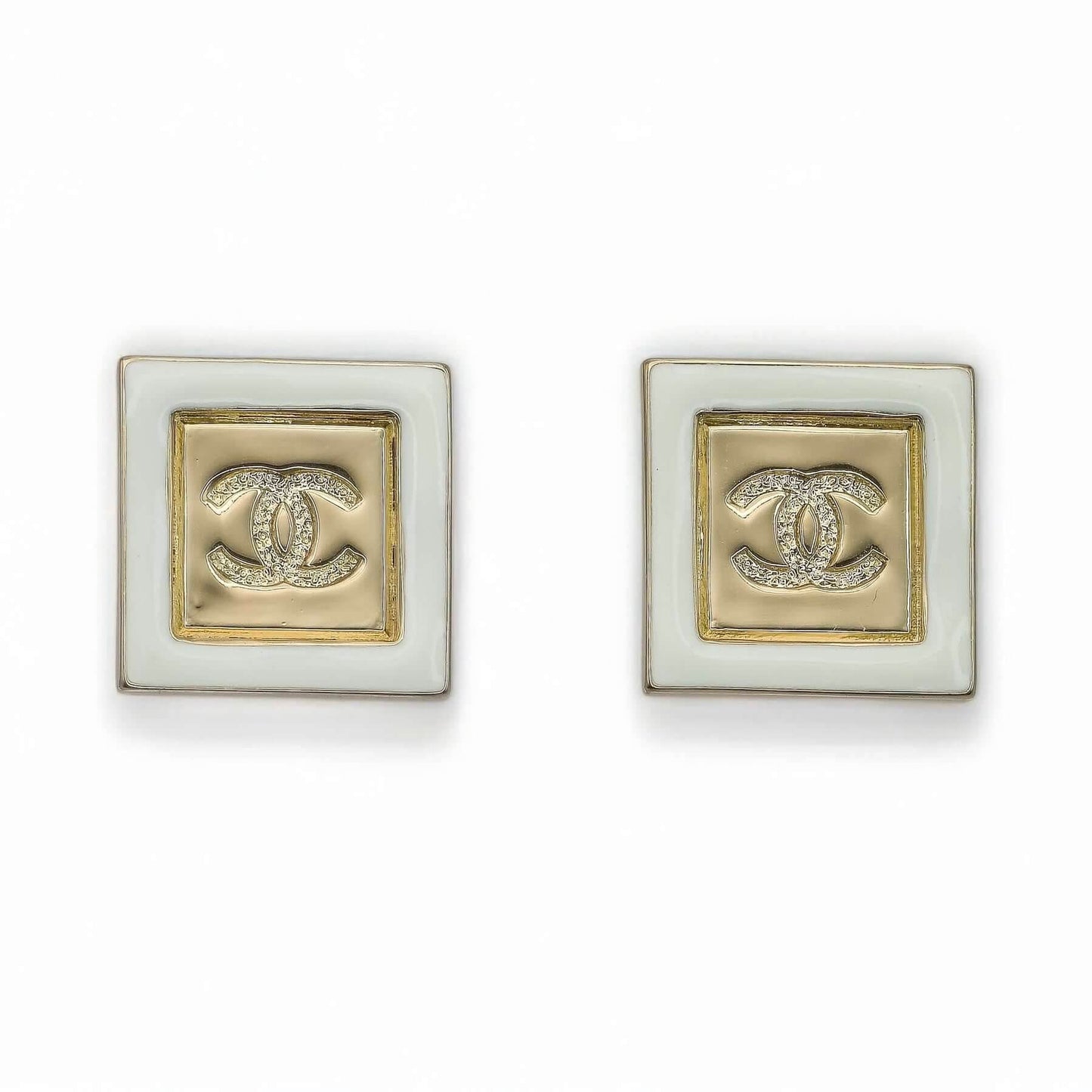 CHANEL Gold CC w/ White Enamel Square Pre-Owned Earrings 24 - My Mama Found What  My Mama Found What 