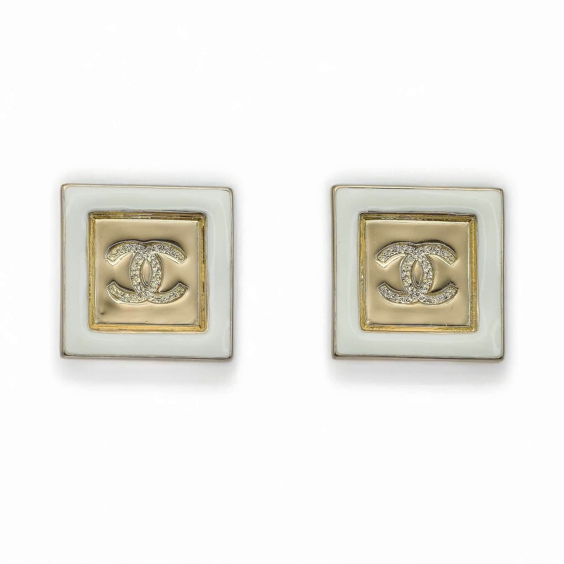 CHANEL Gold CC w/ White Enamel Square Pre-Owned Earrings 24 - My Mama Found What 